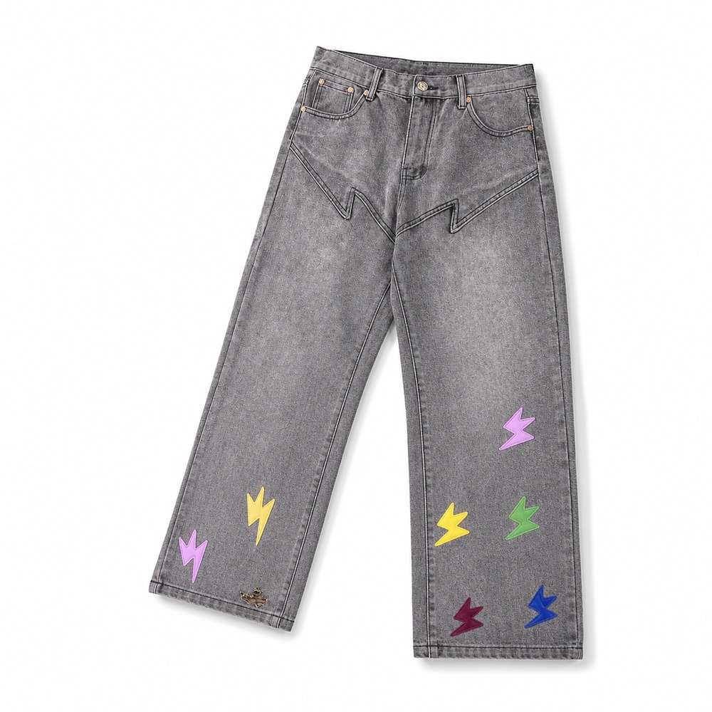 Gray Washed Lightning Patch Straight Leg Jeans