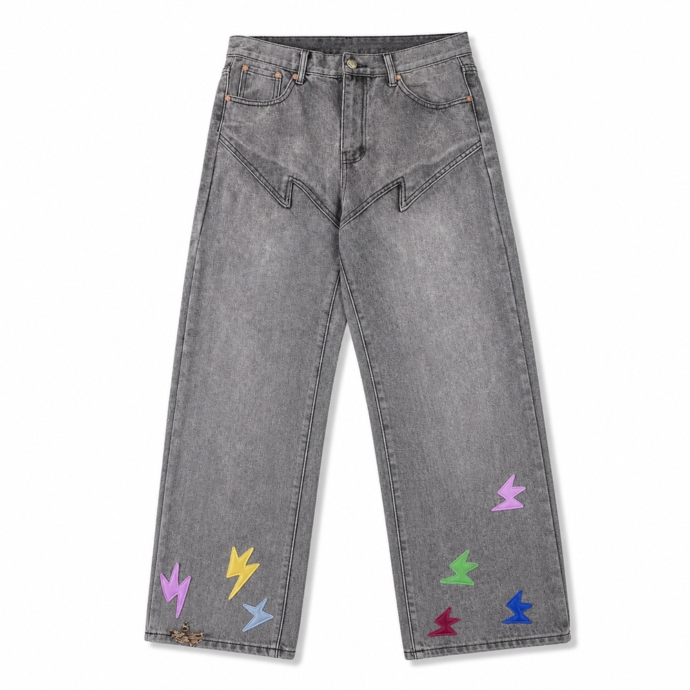 Gray Washed Lightning Patch Straight Leg Jeans – Bild 2