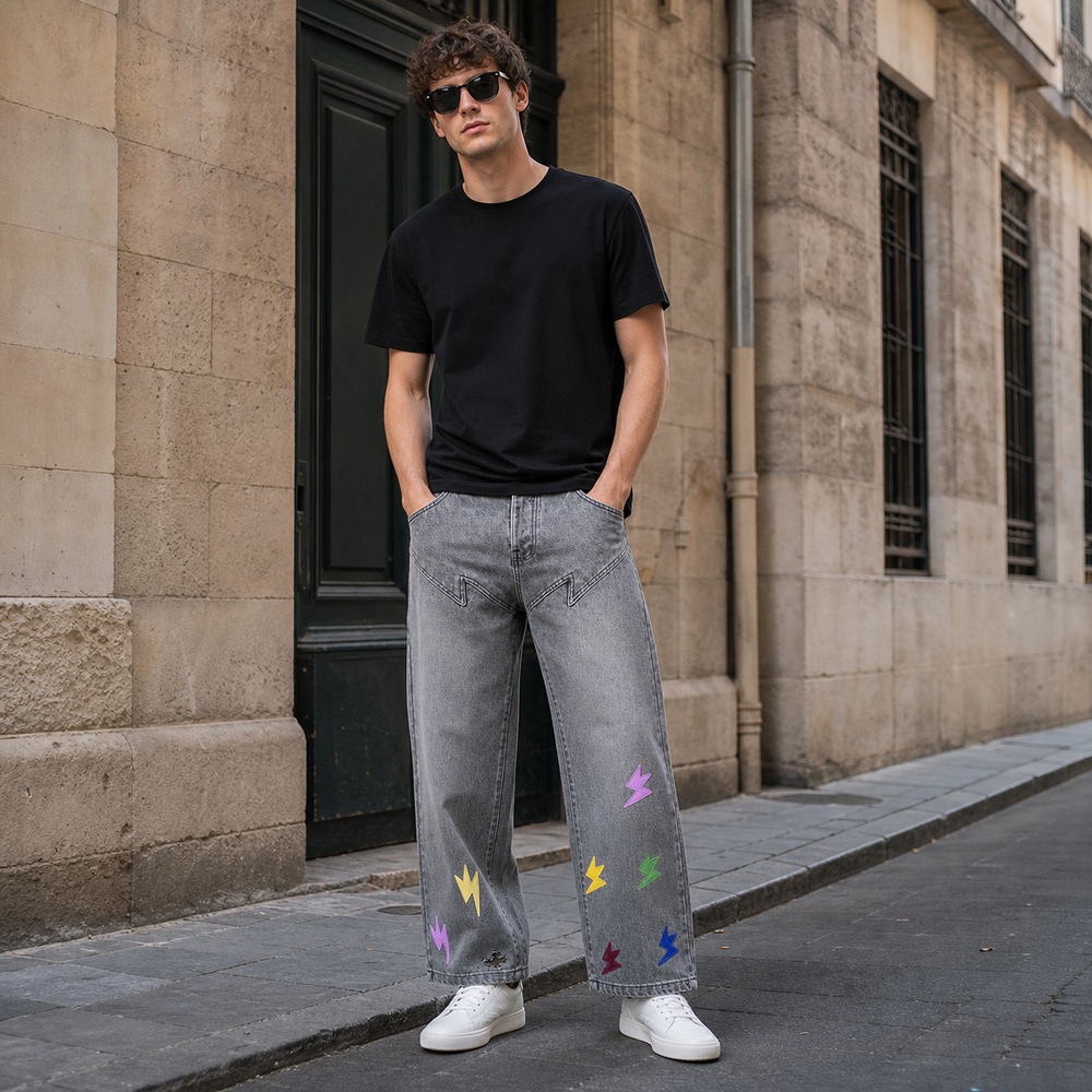 Gray Washed Lightning Patch Straight Leg Jeans – Bild 4