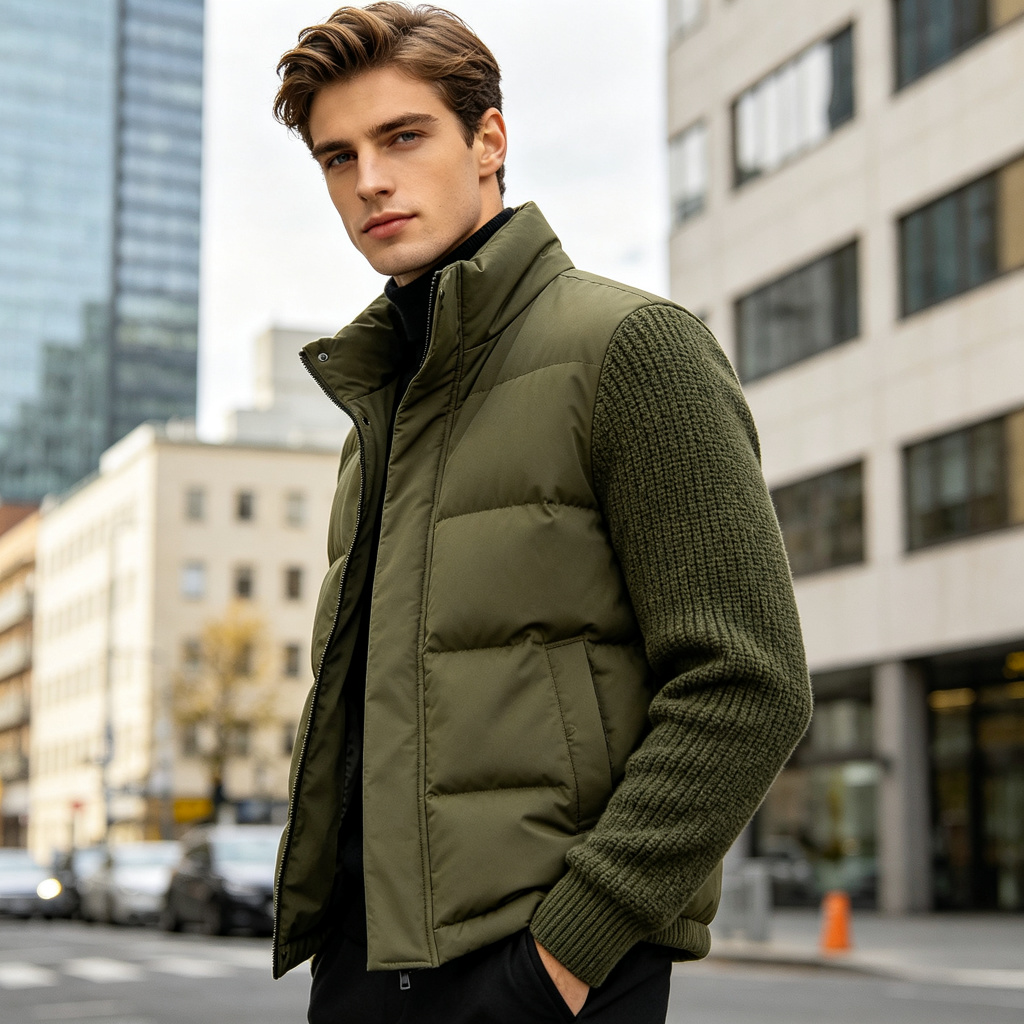 Army Green Knit Sleeve Stand Collar Down Jacket – Bild 4