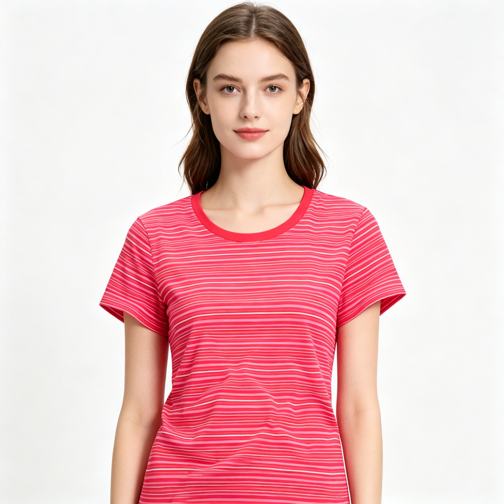 Red Pink Stripe Womens Crew Neck T Shirt – Bild 4