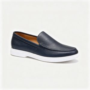 Navy Leather Loafers White Sole