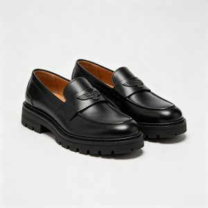 Black Embossed Logo Leather Loafers Thick Sole