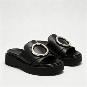 Black Leather Mule Slides Silver Ring Buckle