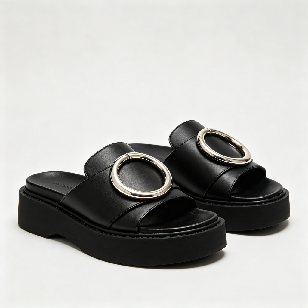 Black Leather Mule Slides Silver Ring Buckle