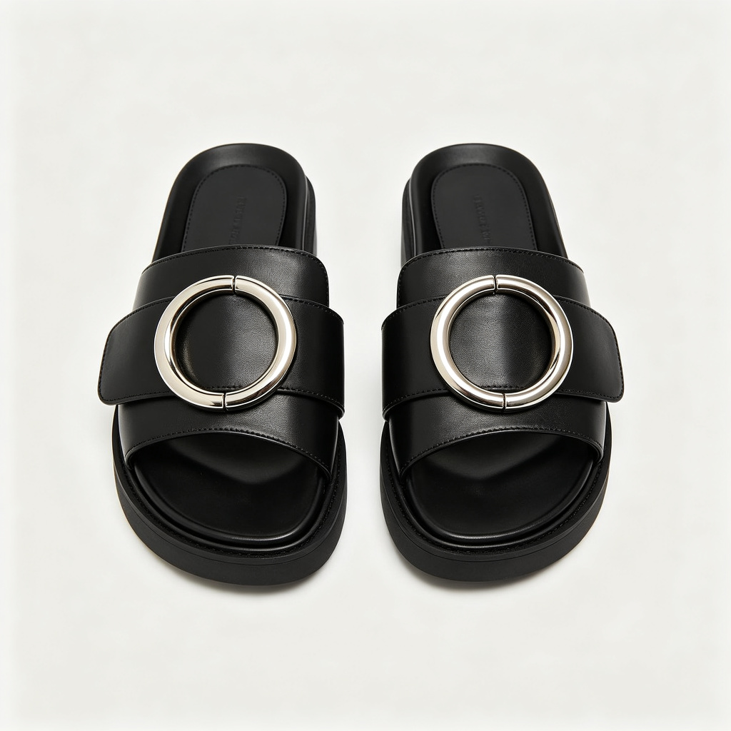 Black Leather Mule Slides Silver Ring Buckle – Bild 2