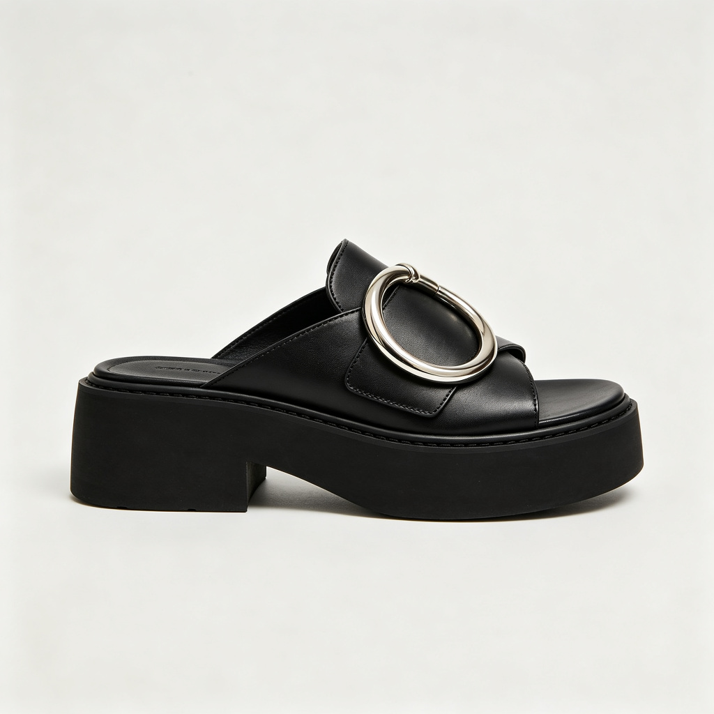 Black Leather Mule Slides Silver Ring Buckle – Bild 3