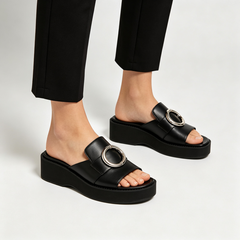 Black Leather Mule Slides Silver Ring Buckle – Bild 4