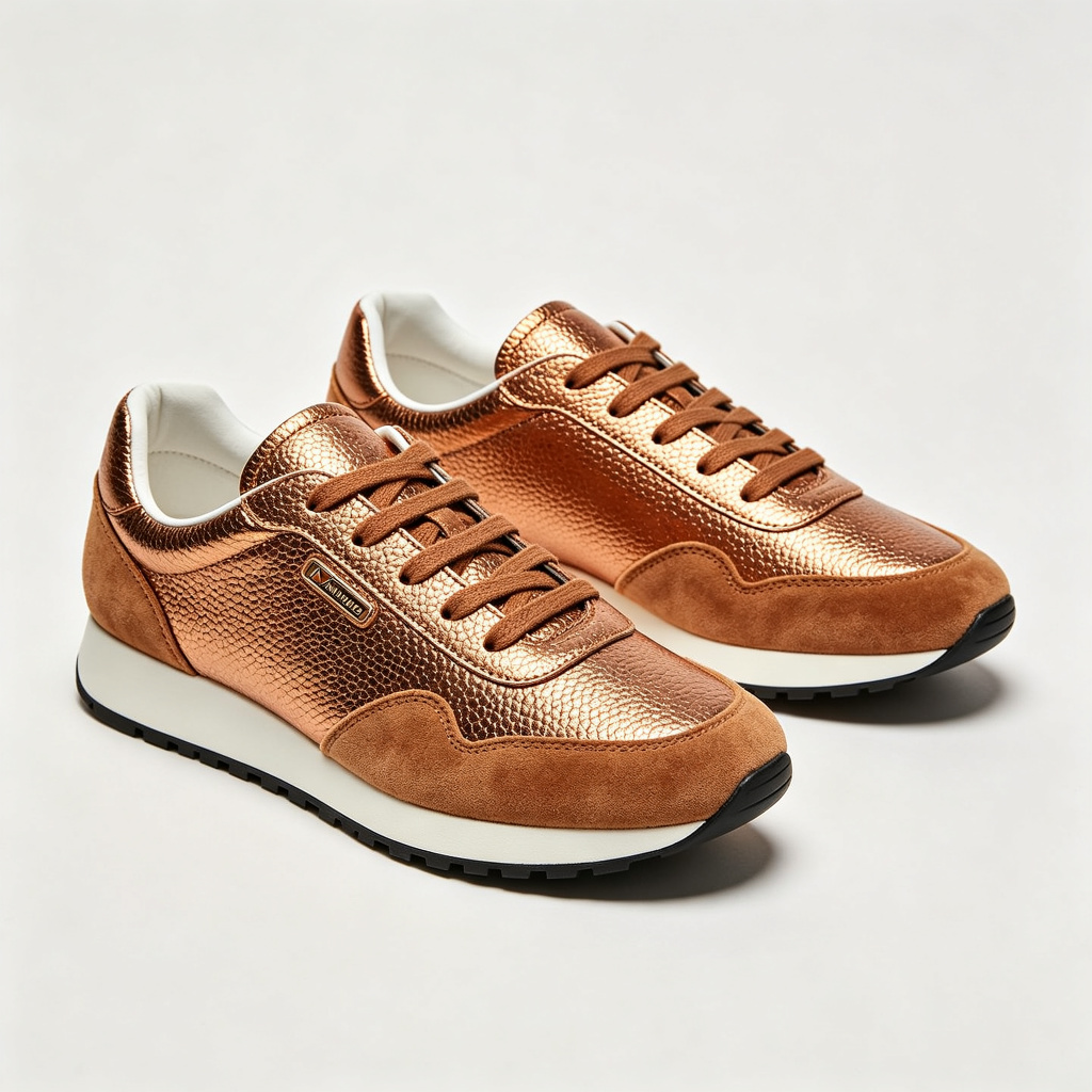 Bronze Metallic Leather Low Top Sneakers Suede Toe