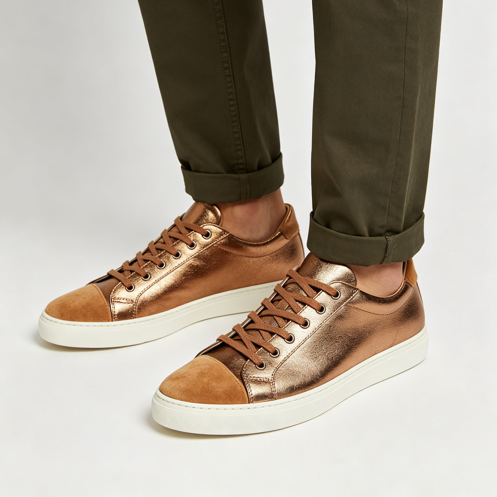 Bronze Metallic Leather Low Top Sneakers Suede Toe – Bild 4