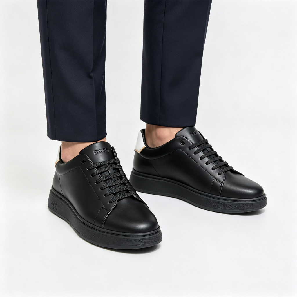 Black Leather Thick Sole Low Top Sneakers – Bild 4