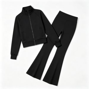 Black Stand Collar Flare Pants Tracksuit Set