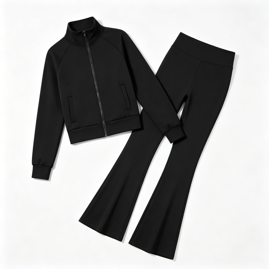 Black Stand Collar Flare Pants Tracksuit Set