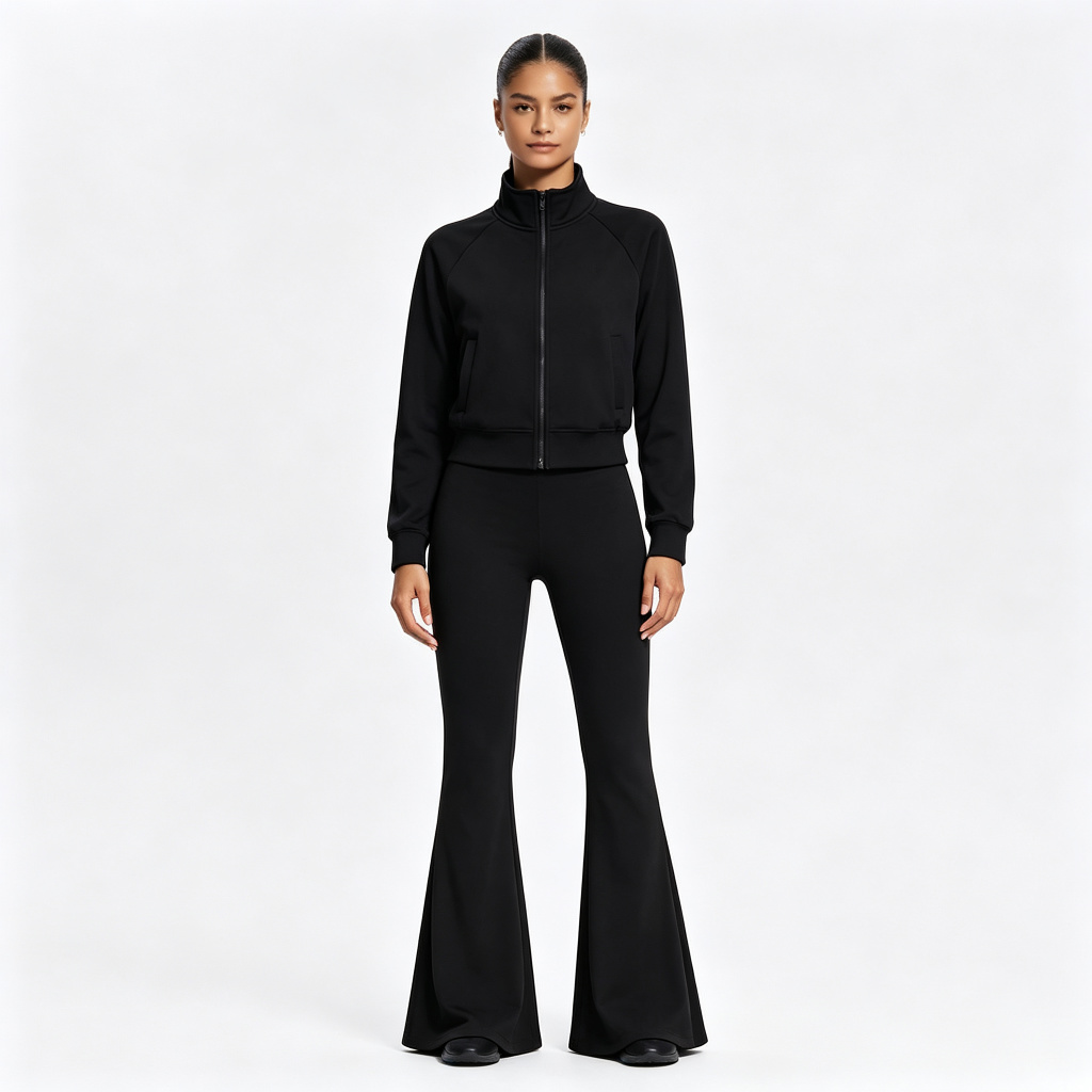 Black Stand Collar Flare Pants Tracksuit Set – Bild 2