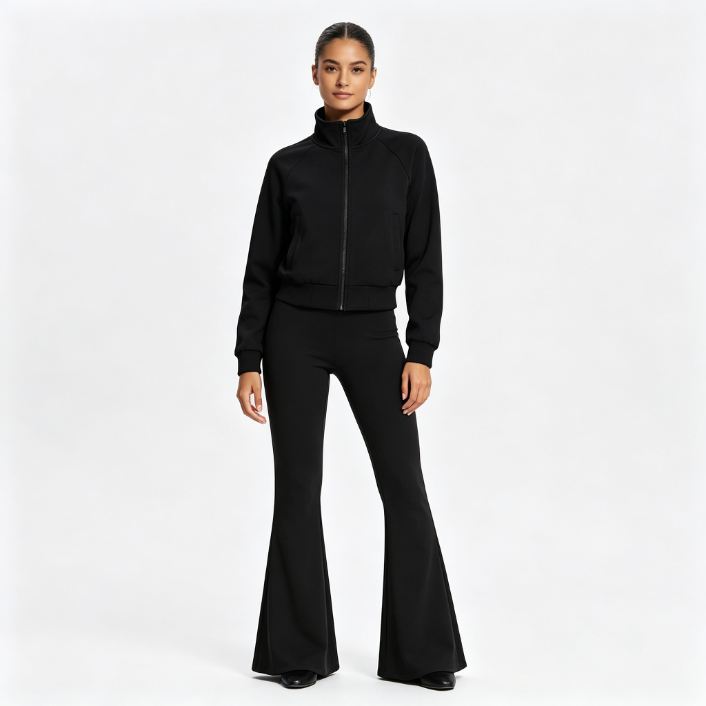 Black Stand Collar Flare Pants Tracksuit Set – Bild 4