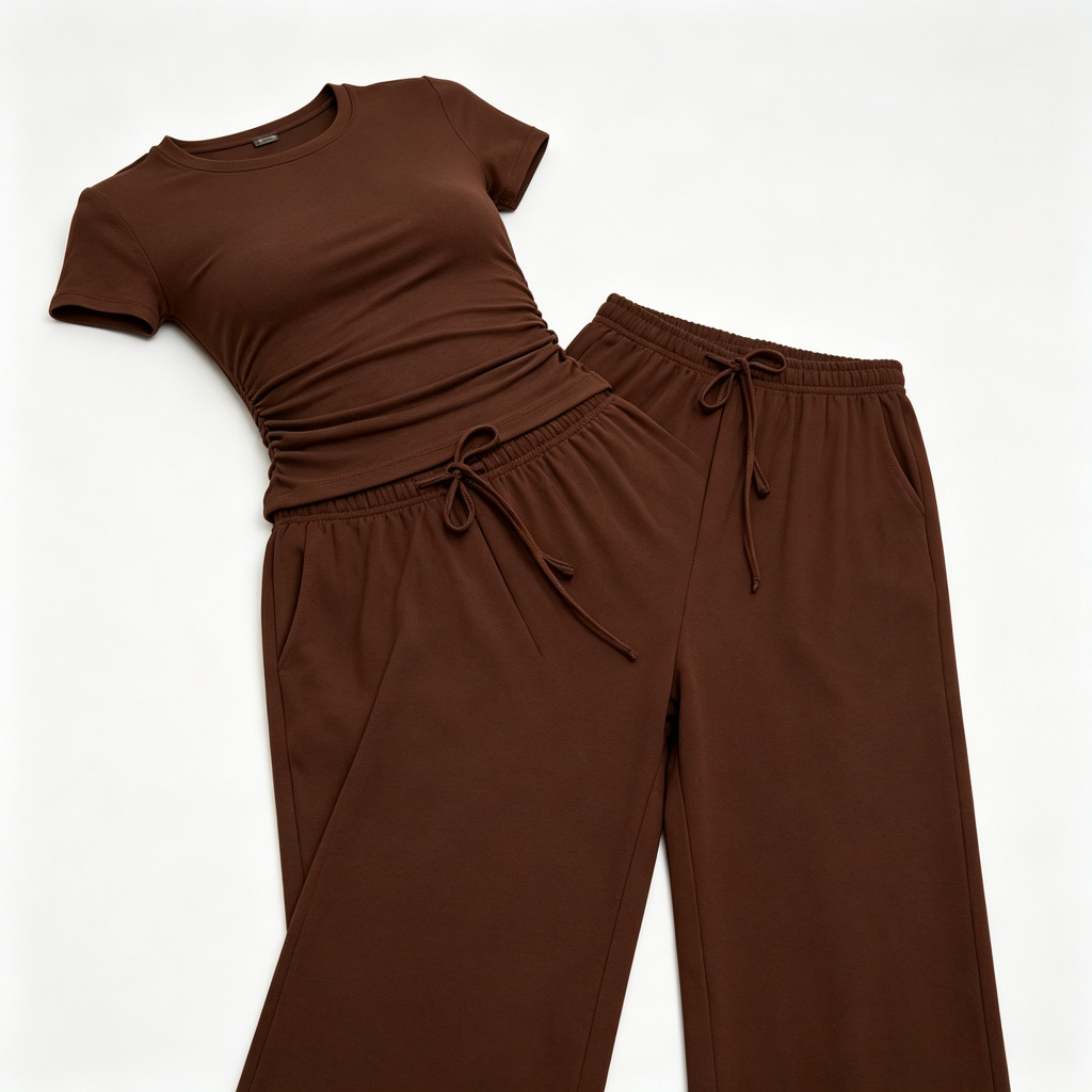 Brown Short Sleeve Wide Leg Pants Set