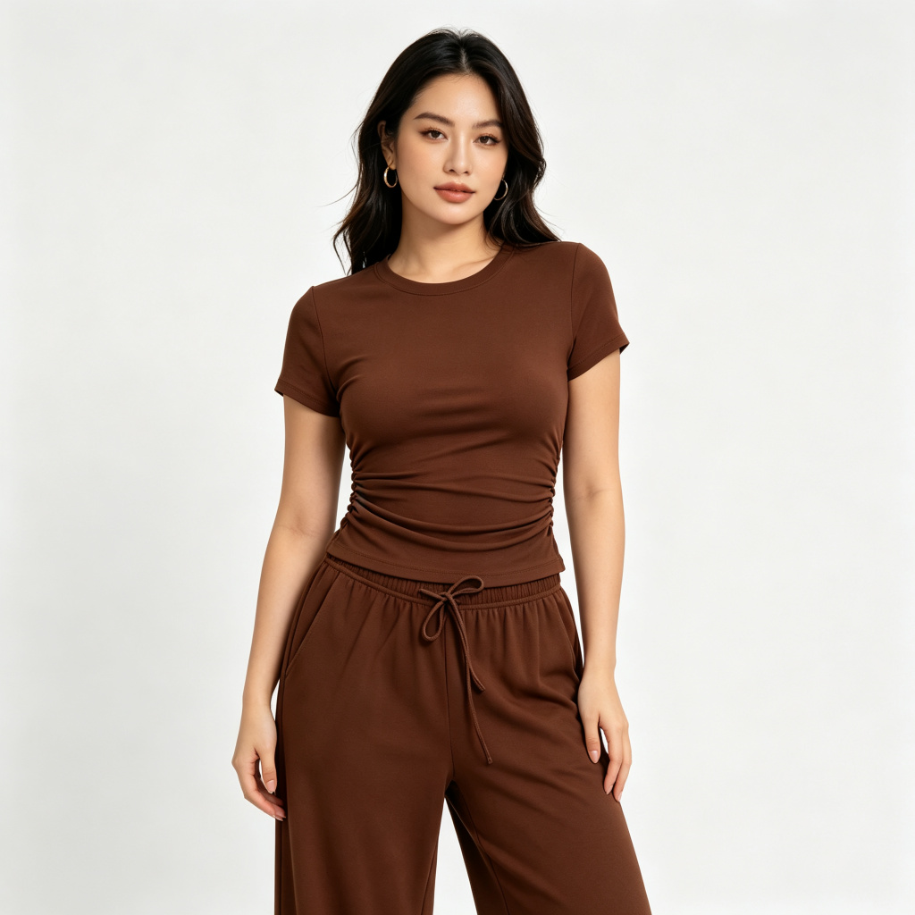 Brown Short Sleeve Wide Leg Pants Set – Bild 4