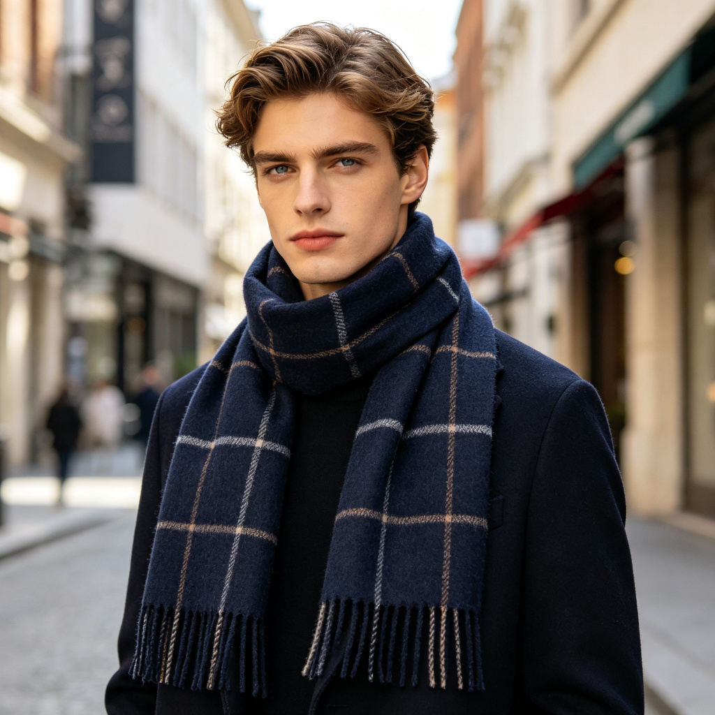 Navy Wool Check Scarf – Bild 3