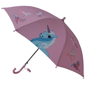 Rosa Kuppelregenschirm für Mädchen mit Einhornmotiv und Pfeife, 29 Zoll