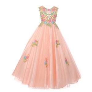 Altrosa Blumenmädchenkleid aus Spitze und Tüll mit Blumenstickerei, Größen 4–6