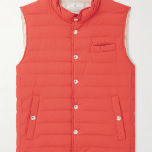 Brunello Cucinelli schmal geschnittene gesteppte Herren-Daunenweste aus orangefarbenem Nylon