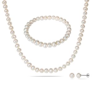 Mimi & Max Set aus Armband, Halskette und Ohrringen mit Süßwasser-Zuchtperlen, 6–7 mm