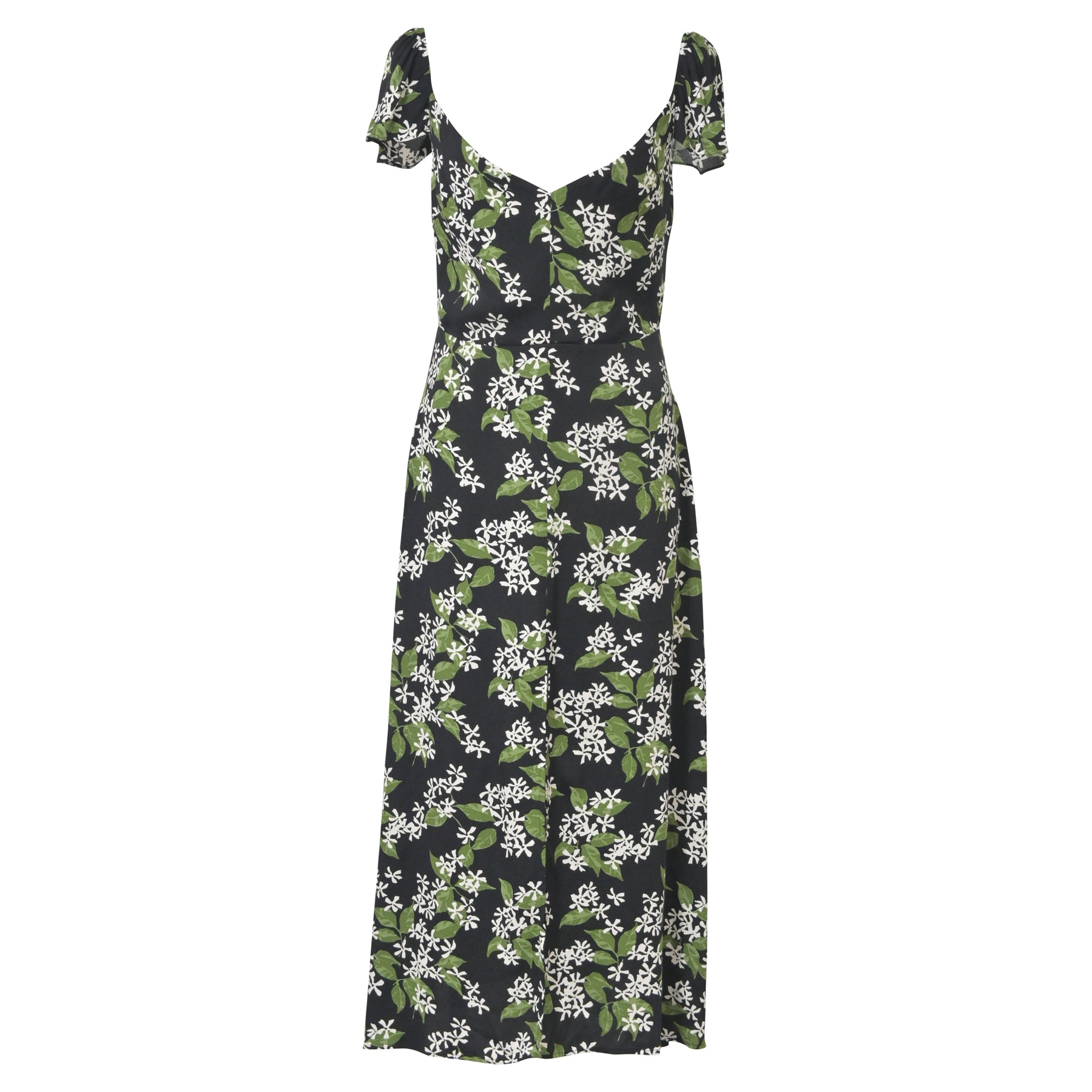 Reformation Baxley Midikleid – Viskose, Blumenmuster, Schwarz, Grün – 7773712089148