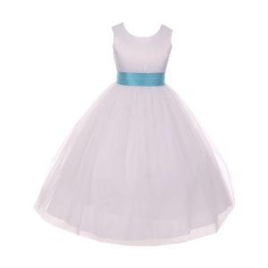 Weiß-aquafarbenes Blumenmädchenkleid aus Tüll mit Satinbindegürtel und Schleife, Größen 2–6