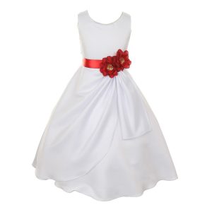 Festliches Mädchenkleid aus mattem Satin mit Paillettenblumen – Weiß/Rot, 2–6
