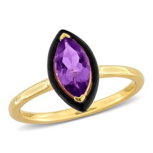 Mimi & Max Halo-Ring mit Amethyst im Marquiseschliff und schwarzem Emaille aus gelbem Silber, 1 ct TGW – 7773672243260