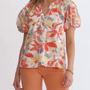 Bluse mit Blumenprint und bauschigen Ärmeln in Peaches And Cream