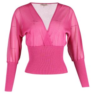 Emilio Pucci langärmeliges gestricktes Blouson-Oberteil aus rosa Seide mit V-Ausschnitt – 7748630839356