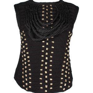 Balmain x H&M Bluse aus schwarzer Viskose mit Seilbesatz und goldfarbener Ringverzierung – 7748645322812
