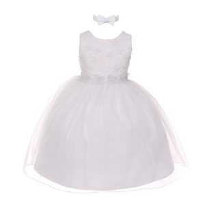 Weißes Baby-Blumenmädchenkleid mit floralem Besatz und Organza-Überlage, Größe 18 Monate