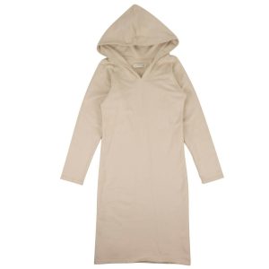 Hellbraunes langärmeliges Baumwoll-Midikleid mit Kapuze
