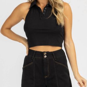Neckholder-Trägertop mit Kragen in Schwarz