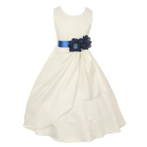 Big Flowers Occasion 8-14 Kleid – matter Satin, Pailletten, Brautstil, Mädchen, Elfenbein, Blau