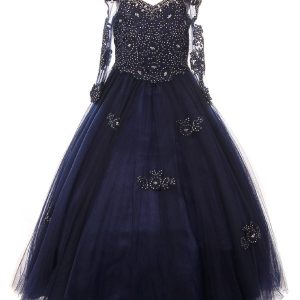 Altrosa schulterfreies langärmeliges Mädchen-Festkleid mit Strass, Größen 2–16