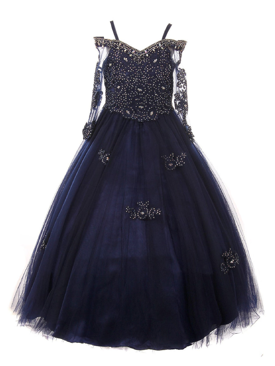 Altrosa schulterfreies langärmeliges Mädchen-Festkleid mit Strass, Größen 2–16