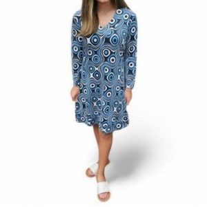 Circle Vneck Kleid – Wirbelmuster, Schwarz, Weiß, Blau