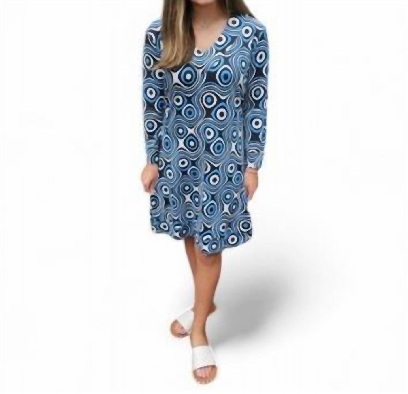 Circle Vneck Kleid – Wirbelmuster, Schwarz, Weiß, Blau
