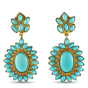 LB Exclusive Vintage 18K MF02-090424 Ohrhänger – Gelbgold, Türkis, Clip-Verschluss, Blumenmotiv