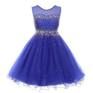 Royalblaues formelles Mädchen-Partykleid aus Tüll mit transparenten Details und funkelndem Strass, Größen 4–6
