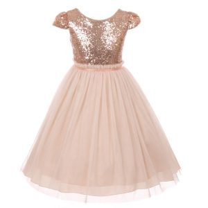 Altrosa Mädchen-Osterkleid aus Tüll mit Pailletten und Kappenärmeln, Größen 2–6