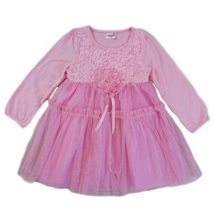 Rosa Mädchen-Langarmkleid mit 3-D-Blumenverzierung, S (9–24 M)–XL (6–8)