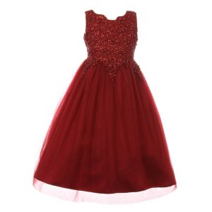 Bordeauxrotes ärmelloses Blumenmädchenkleid aus Tüll und Satin mit Perlen und Pailletten, Größen 4–6