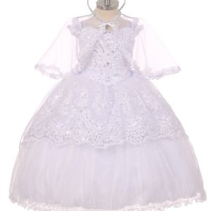 Rainkids Mädchen-Taufkleid aus weißem Organza mit Pailletten, Vokuhila-Saum und transparentem Cape – 2–6