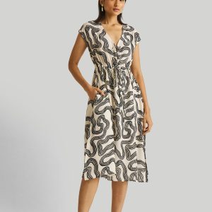 Kleid – tiefer V-Ausschnitt, gerafft, Streifenmuster, Schwarz