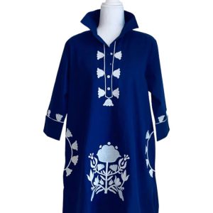 Camille besticktes Tunika-Kleid in Marineblau-Weiß