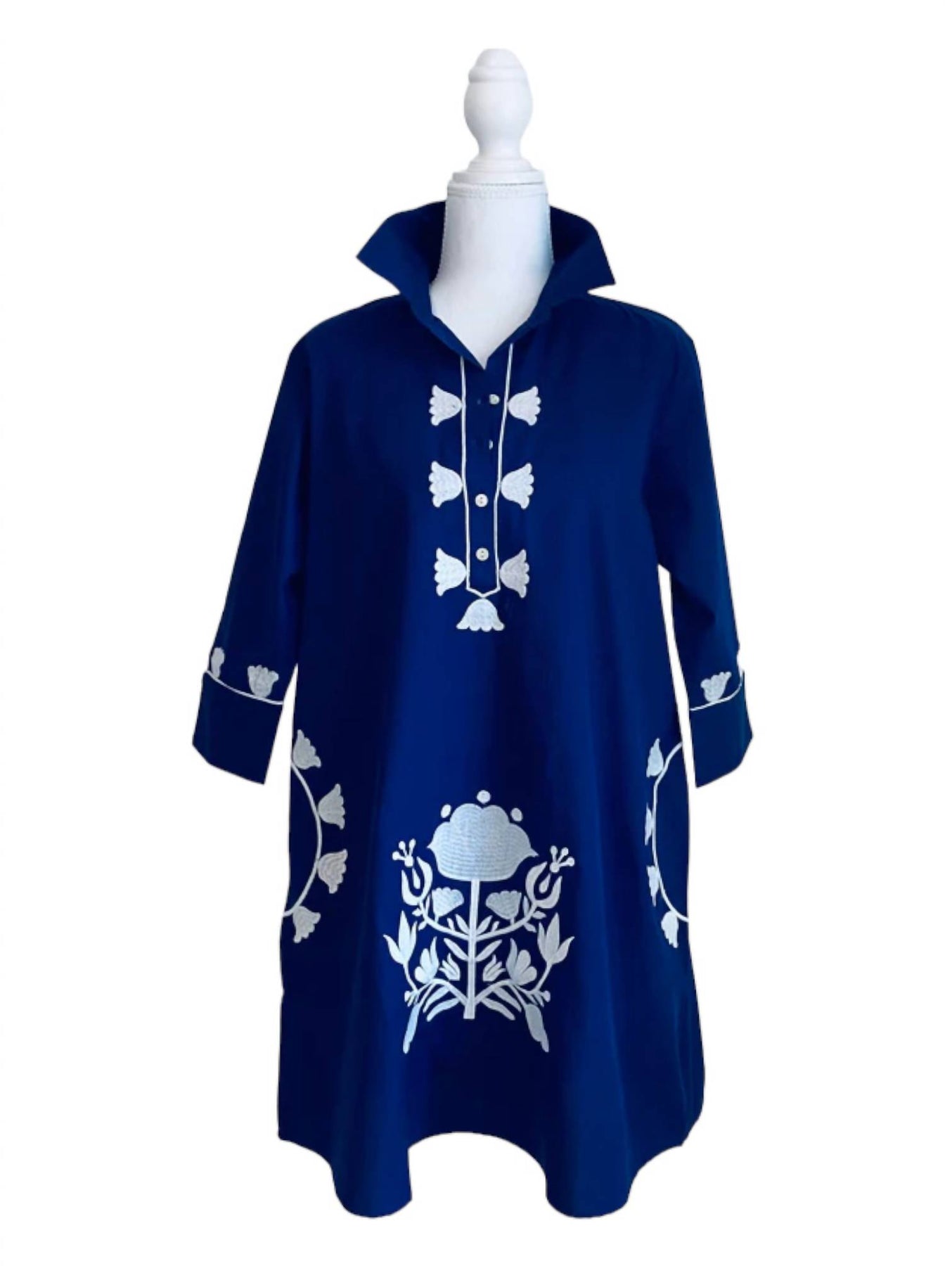 Camille besticktes Tunika-Kleid in Marineblau-Weiß